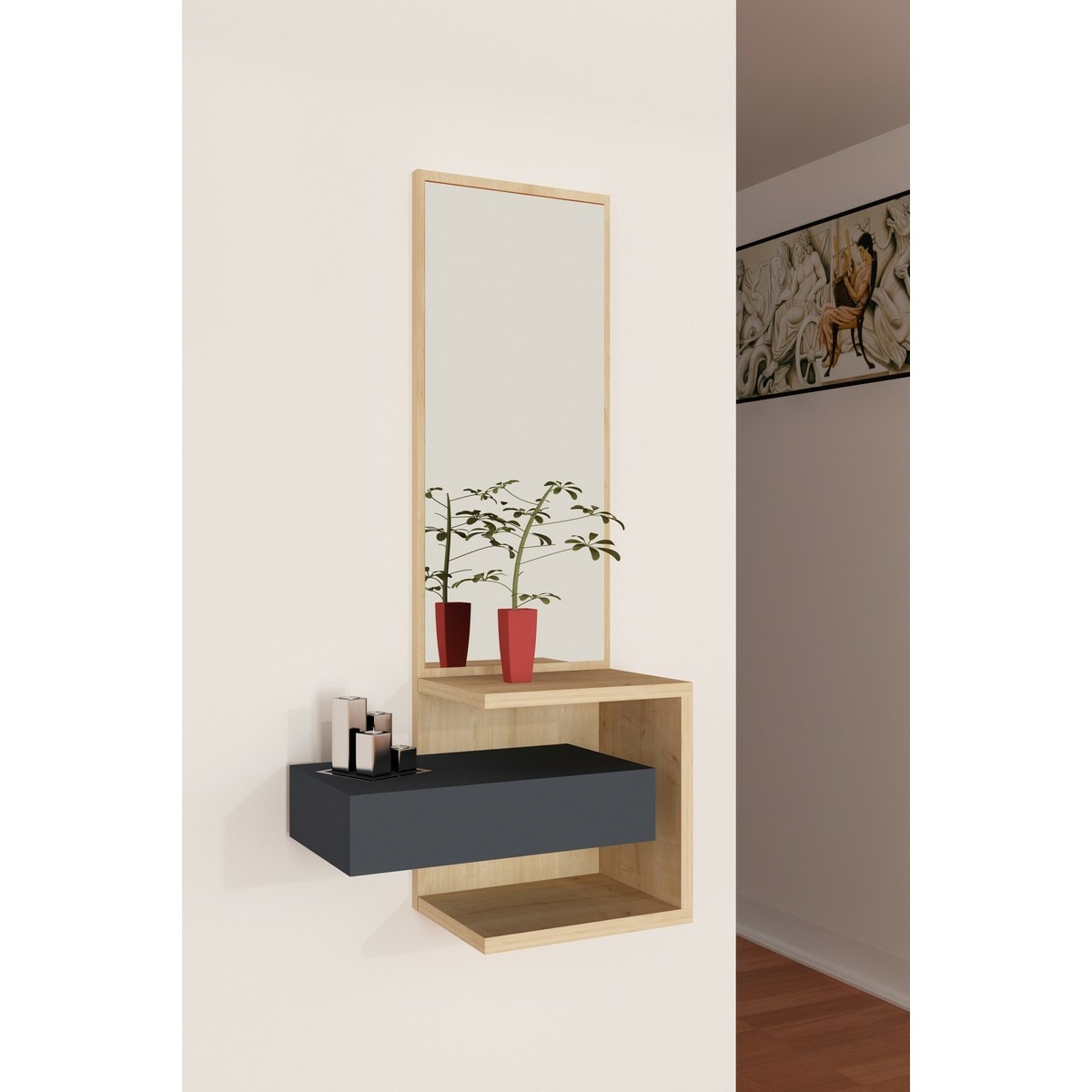 Nástenná polica so zrkadlom Stella Oak and Anthracite – Obrázok 2
