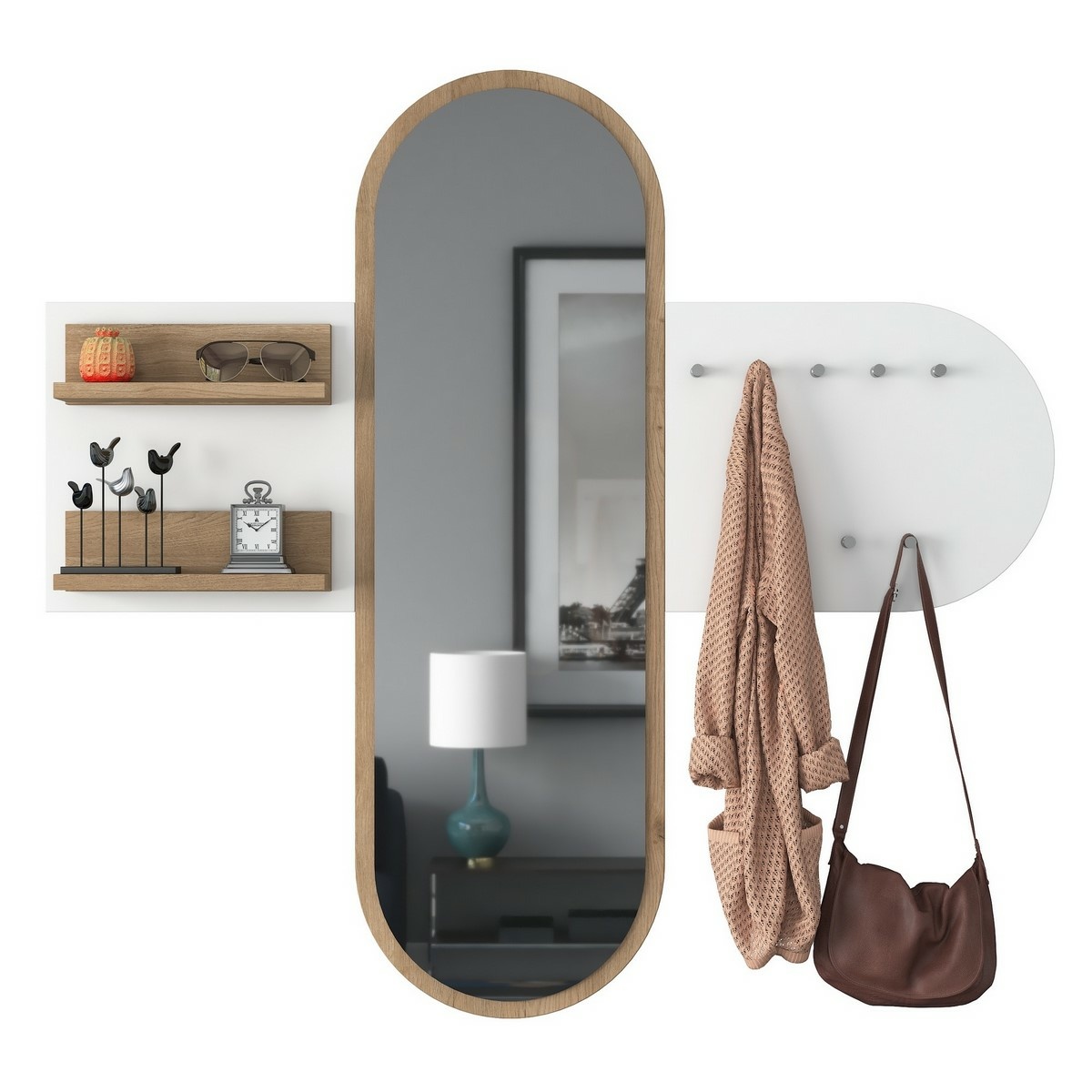 Nástenný vešiak so zrkadlom Pomi White and Walnut – Obrázok 2