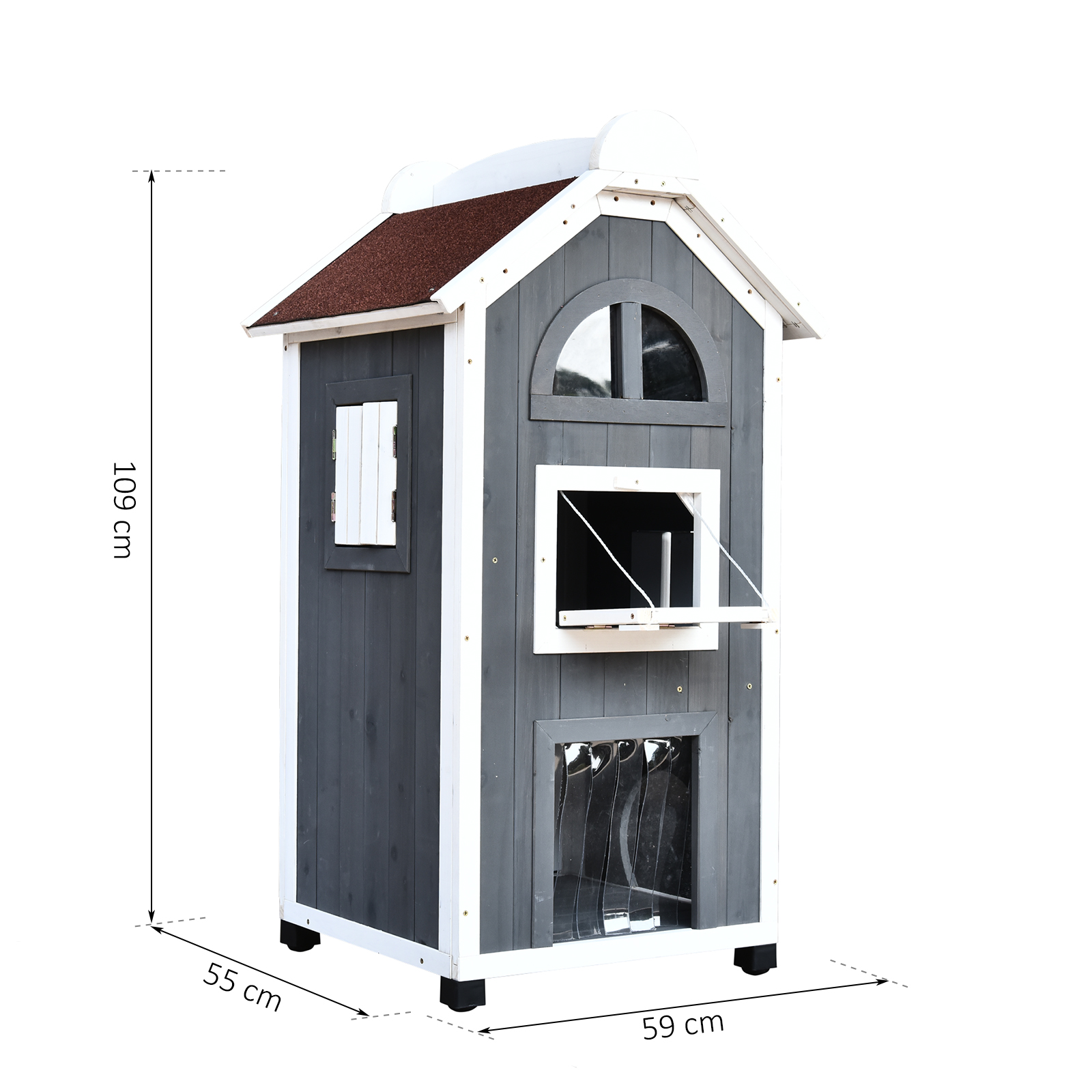 PAWHUT Vonkajší drevený domček pre mačky 59 x 55 x 109 cm sivý – Obrázok 2
