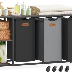 VASAGLE Mobilný kôš na bielizeň, 3 vrecia, 3 police, 150 l