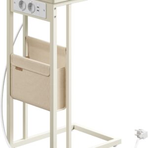 VASAGLE Odkladací stolík s elektrickou zásuvkou a USB zásuvkou krémový