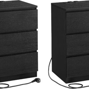 VASAGLE Sada 2 nočných stolíkov s 3 zásuvkami, elektrickou a USB zásuvkou, čierna