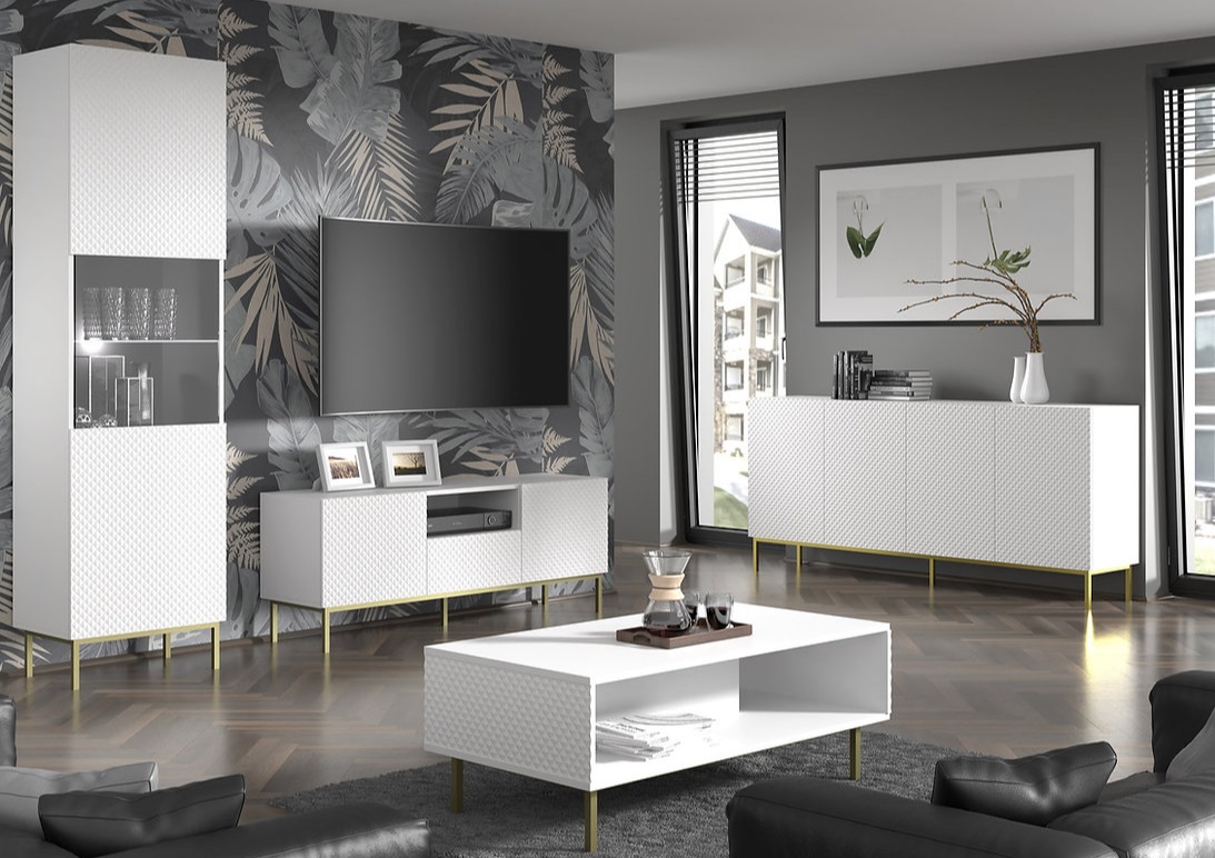 ARTBm TV stolík RAVENNA C 3D 150 | biela lesklá Prevedenie: Biela / biely lesk / čierne nohy – Obrázok 6