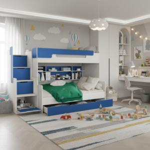 ArtBed Detská poschodová posteľ s roštom HARRY | biela/modrá 120 x 200 cm