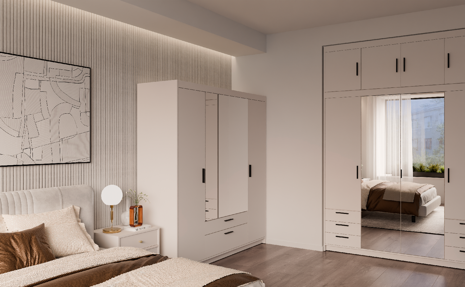 ArtLemp Šatníková skriňa ELLEN 4D2S so zrkadlom | pieskovo béžová – Obrázok 5