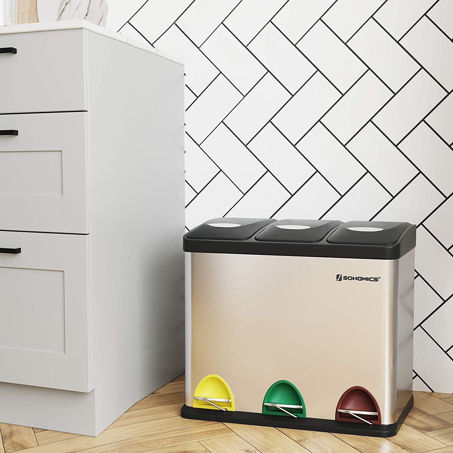 SONGMICS Odpadkový kôš LTB24L na triedený odpad, 3 x 8 L, strieborný, nerez – Obrázok 2