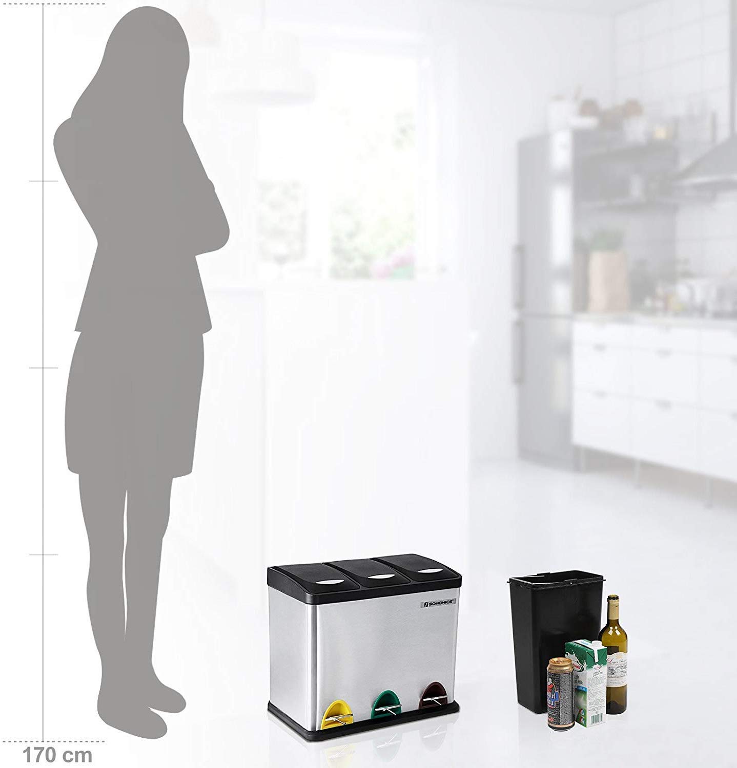 SONGMICS Odpadkový kôš LTB24L na triedený odpad, 3 x 8 L, strieborný, nerez – Obrázok 3