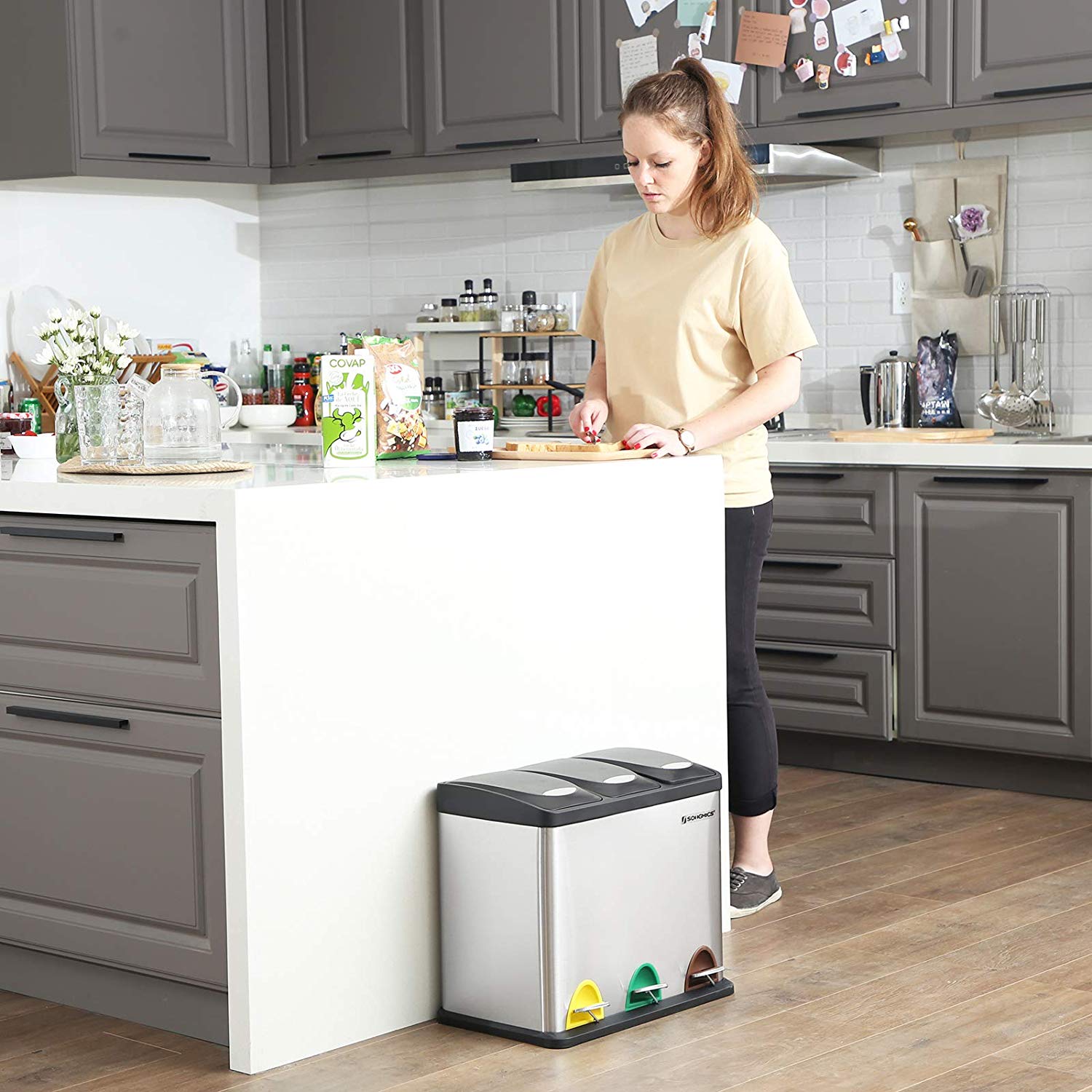SONGMICS Odpadkový kôš LTB24L na triedený odpad, 3 x 8 L, strieborný, nerez – Obrázok 4