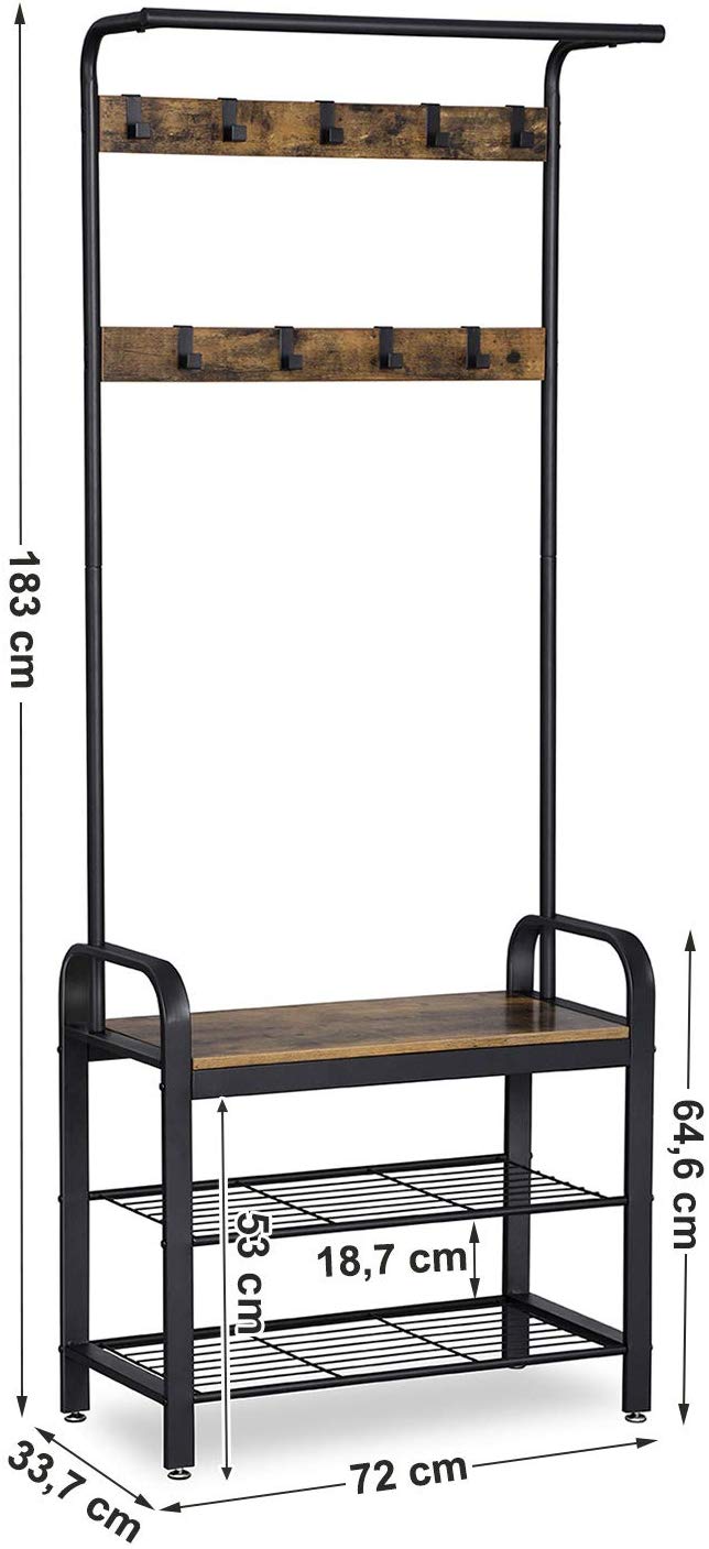 VASAGLE Vešiak na kabáty s botníkom industriálny 72x183 cm – Obrázok 5