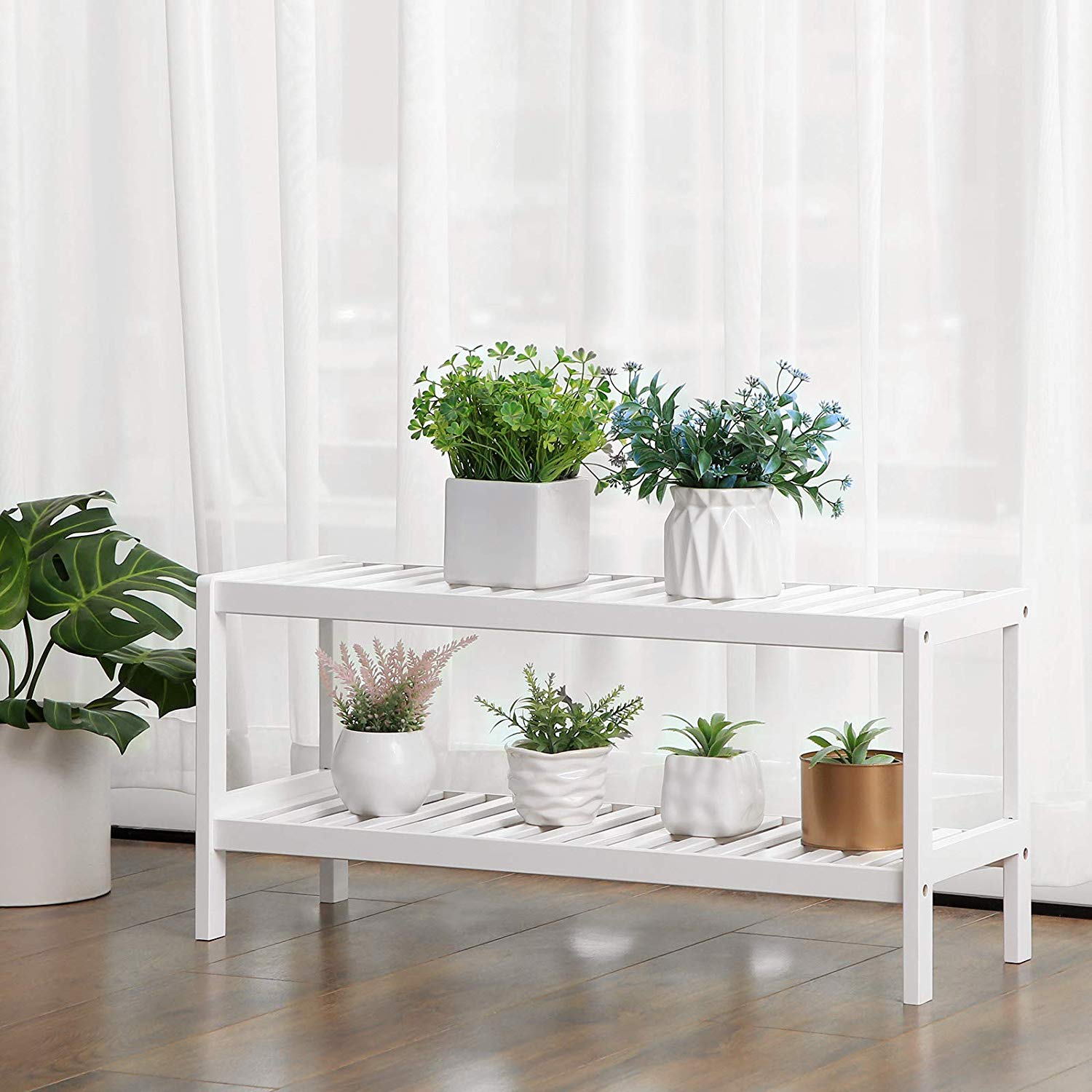 SONGMICS Bambusový botník 2 police biely 70x33 cm – Obrázok 3