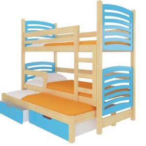 ArtAdrk Detská poschodová posteľ s prístelkou SORIA | 90 x 200 cm Farba: Borovica / modrá