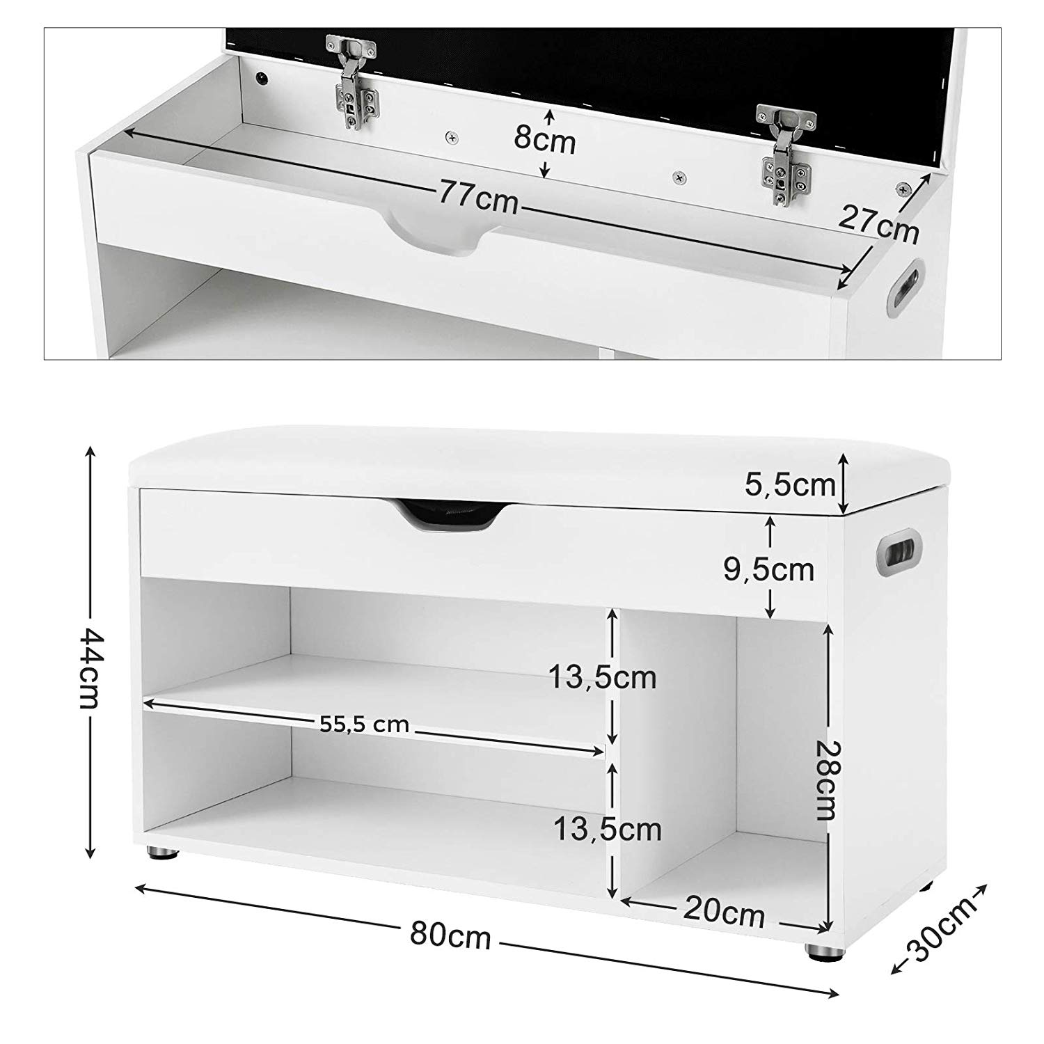 SONGMICS Botník so sedadlom a úložným priestorom biely 80x44 cm – Obrázok 3