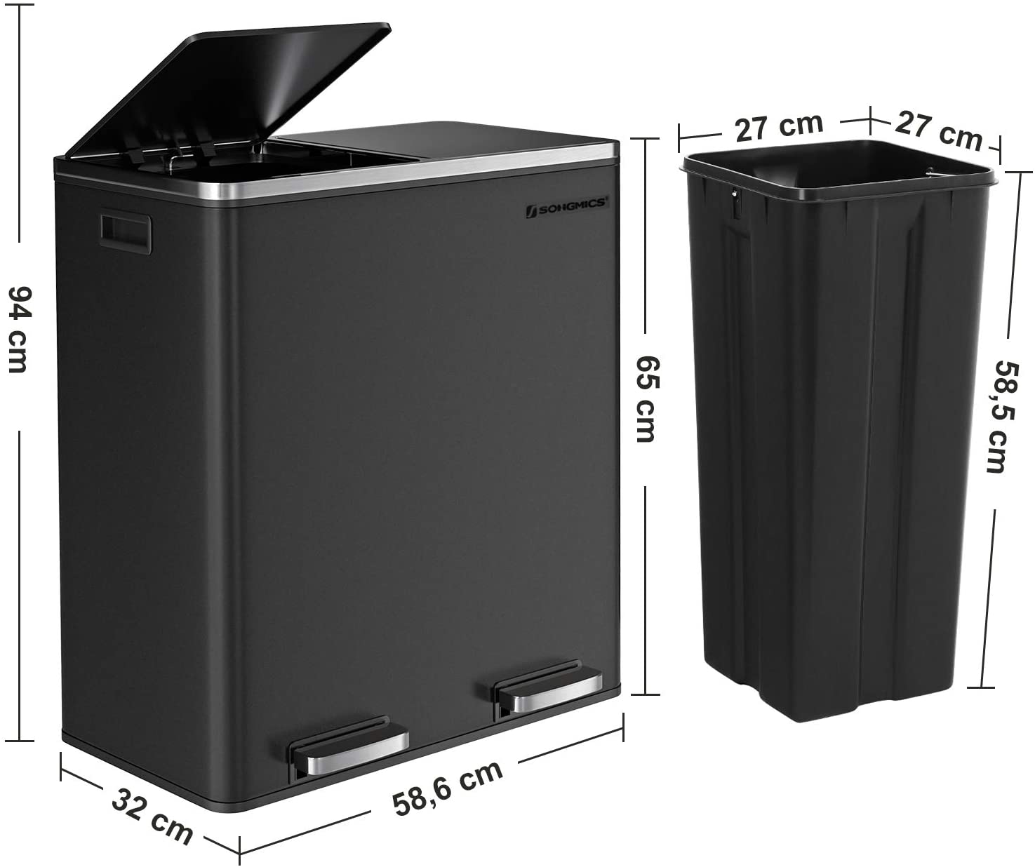 SONGMICS Odpadkový kôš na triedený odpad 2 x 30 L čierny – Obrázok 6