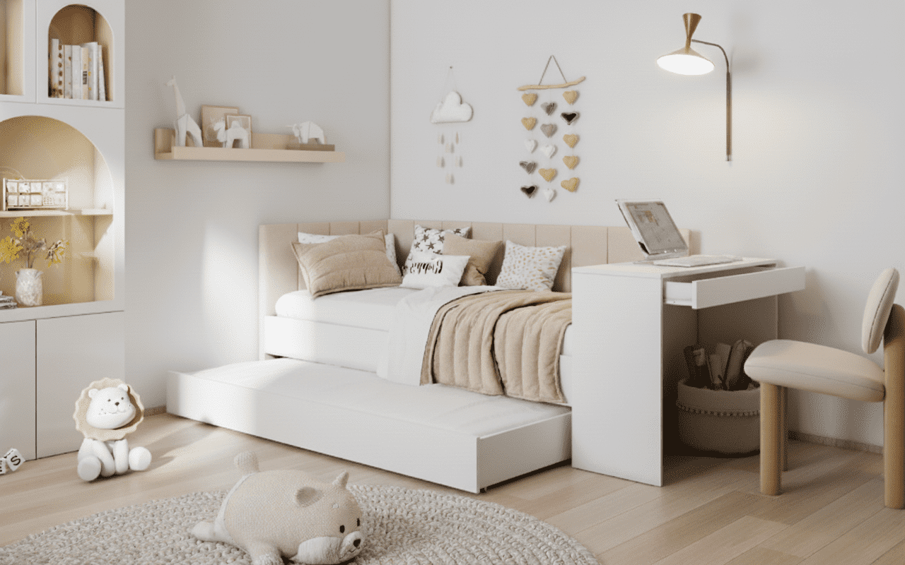 ArtBed Detská posteľ FREYA s prístelkou a so stolíkom | biela 80 x 180 cm