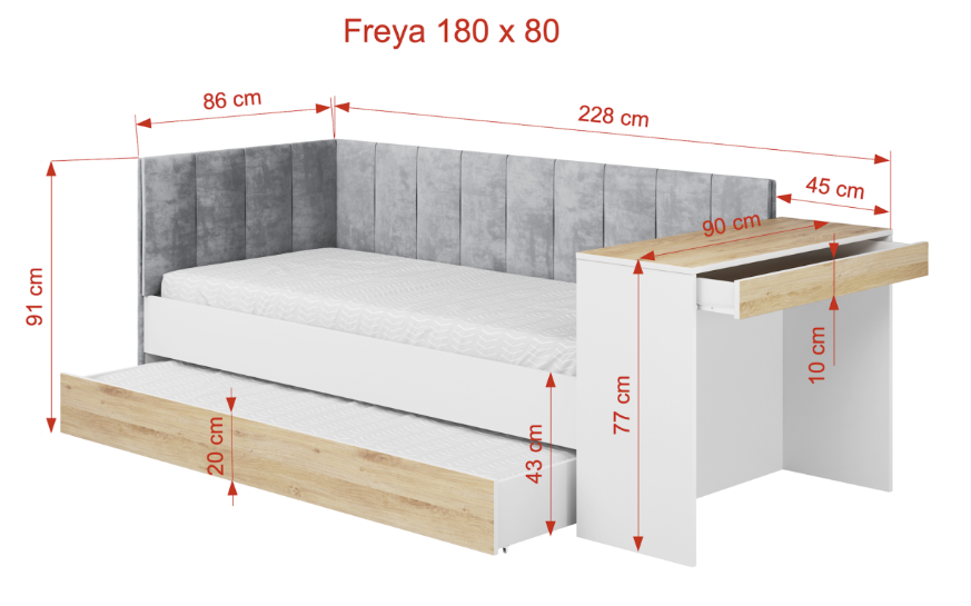 ArtBed Detská posteľ FREYA s prístelkou a so stolíkom | biela 80 x 180 cm – Obrázok 2