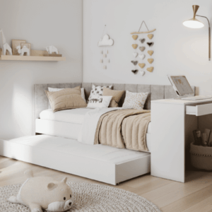 ArtBed Detská posteľ FREYA s prístelkou a so stolíkom | biela 90 x 200 cm