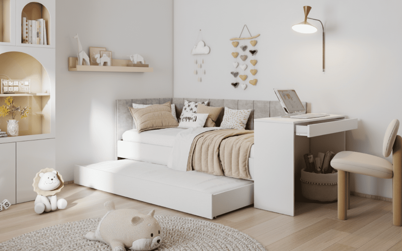ArtBed Detská posteľ FREYA s prístelkou a so stolíkom | biela 90 x 200 cm