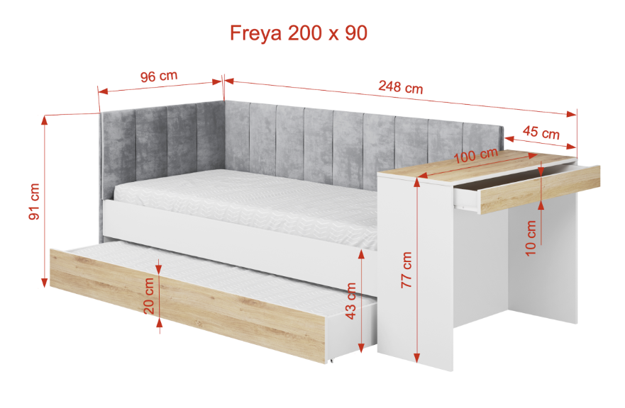ArtBed Detská posteľ FREYA s prístelkou a so stolíkom | biela 90 x 200 cm – Obrázok 4