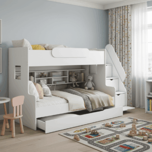 ArtBed Detská poschodová posteľ SEGAN s roštom a úložným priestorom | biela 120 x 200 cm