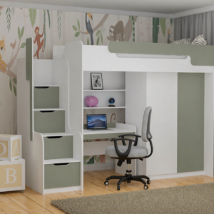ArtBed Multifunkčná vyvýšená posteľ so skriňou a stolíkom DORIAN I Farba: Biela / eukalyptus