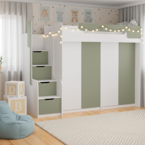 ArtBed Multifunkčná vyvýšená posteľ so skriňou DORIAN III Farba: Biela / eukalyptus