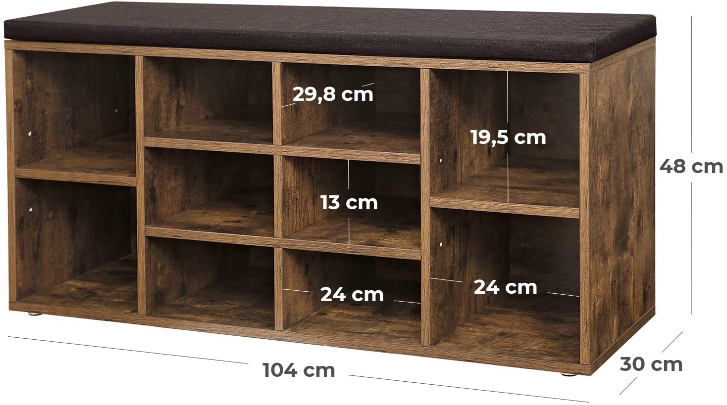 VASAGLE Botník so sedákom 10 políc hnedý 104 x 48 x 30 cm – Obrázok 8