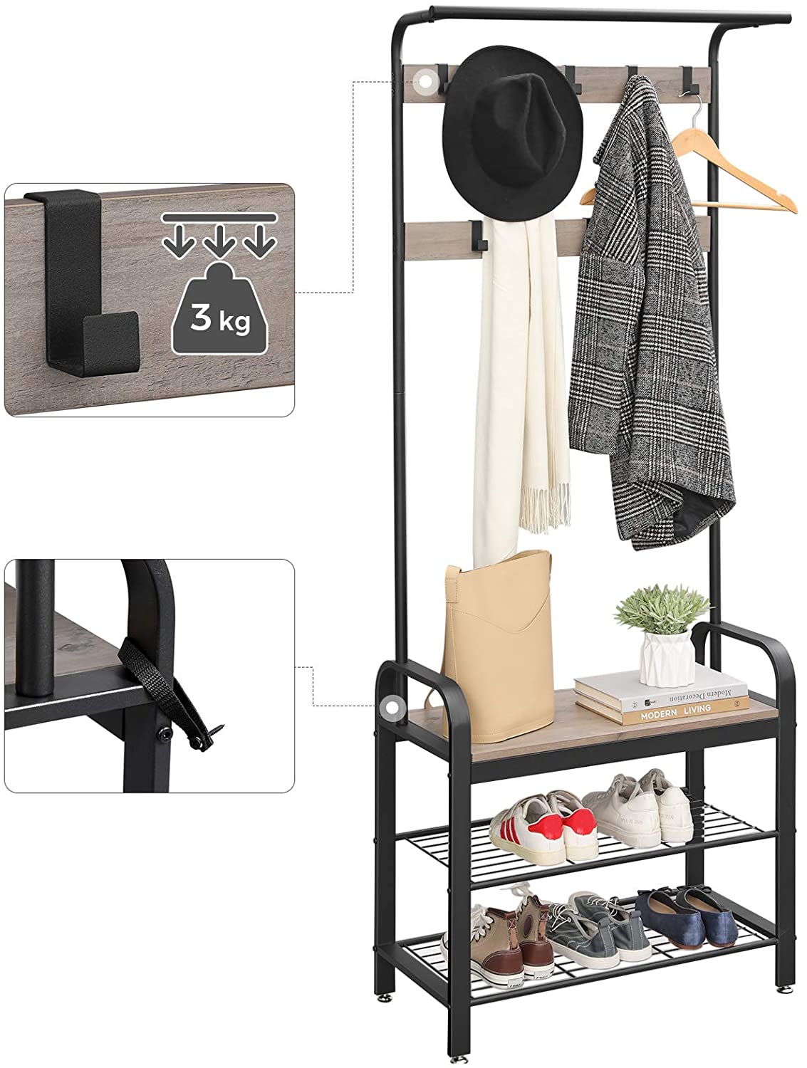 VASAGLE Predsieňový vešiak s botníkom sivé drevo 72 x 183 x 34 cm – Obrázok 3