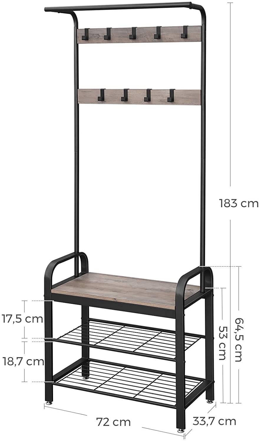 VASAGLE Predsieňový vešiak s botníkom sivé drevo 72 x 183 x 34 cm – Obrázok 6