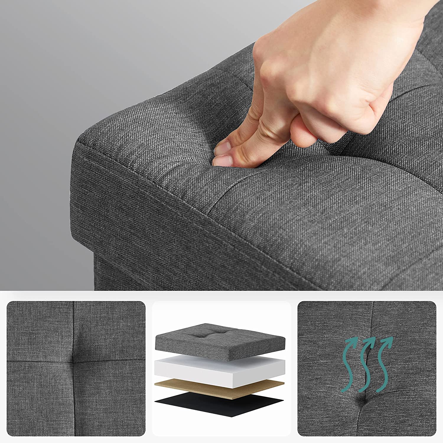 SONGMICS Taburetka s úložným priestorom sivá 38 × 40 × 38 cm – Obrázok 5