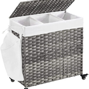 SONGMICS Prútený kôš na bielizeň na kolieskach sivý