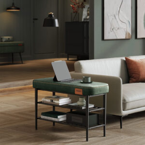 VASAGLE Regál na topánky EKHO s čalúnenou lavicou kovový zelený