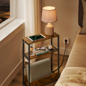 VASAGLE Rozkladací úzky stolík s elektrickým napájaním a USB kľúčom čierny a USB zásuvkou hnedý