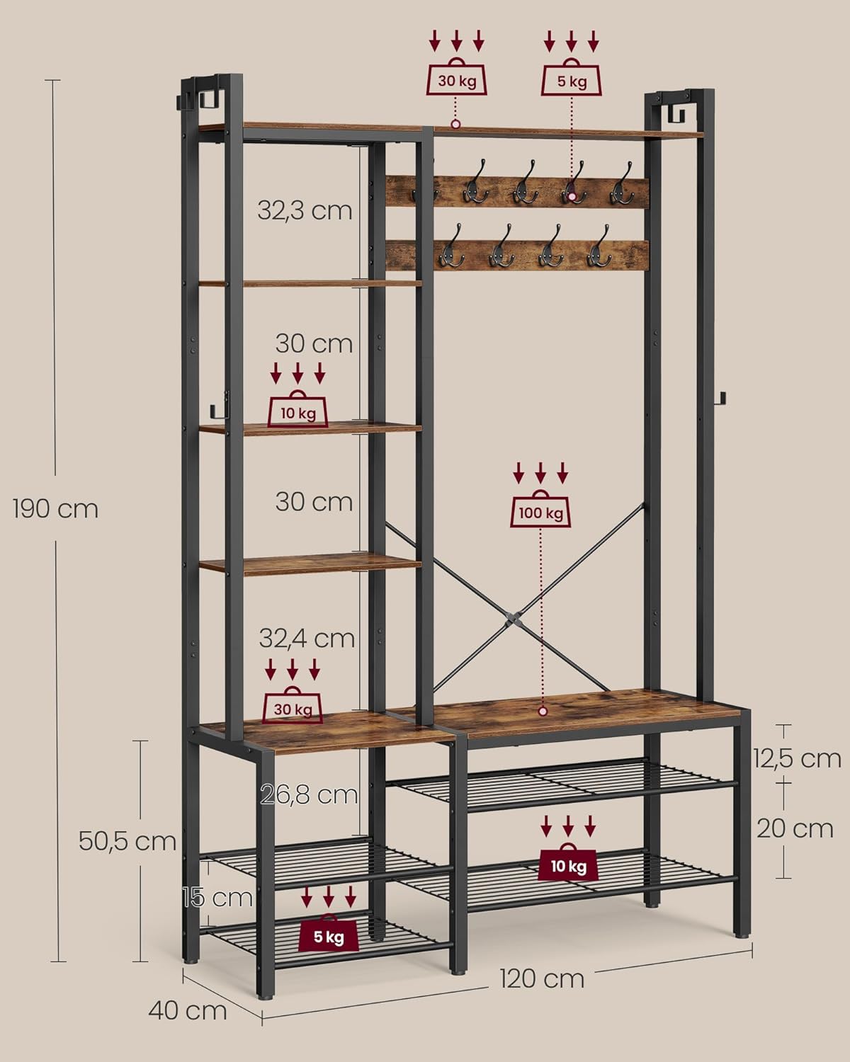 VASAGLE Vešiak do predsiene s držiakom na topánky a policami 120 x 190 x 40 cm hnedý – Obrázok 6