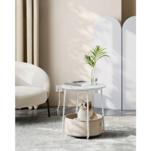 VASAGLE Okrúhly konferenčný stolík s textilným košom a zásuvkou biely