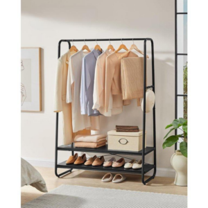 VASAGLE Kovový stojan na oblečenie s dvoma policami čierny