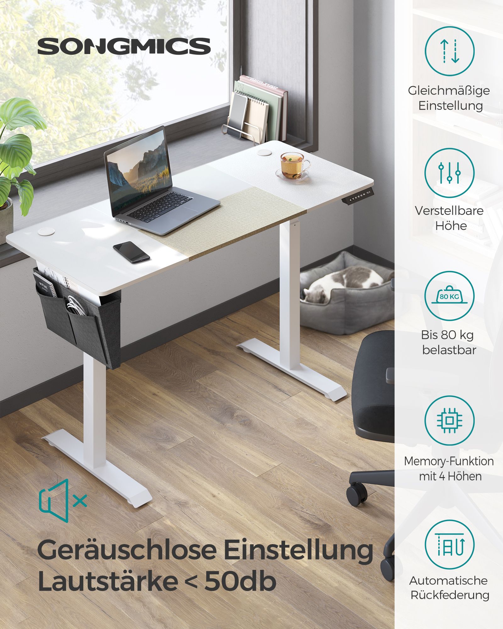 SONGMICS Polohovací stôl elektrický 140 x 60 cm bielo-béžový – Obrázok 2