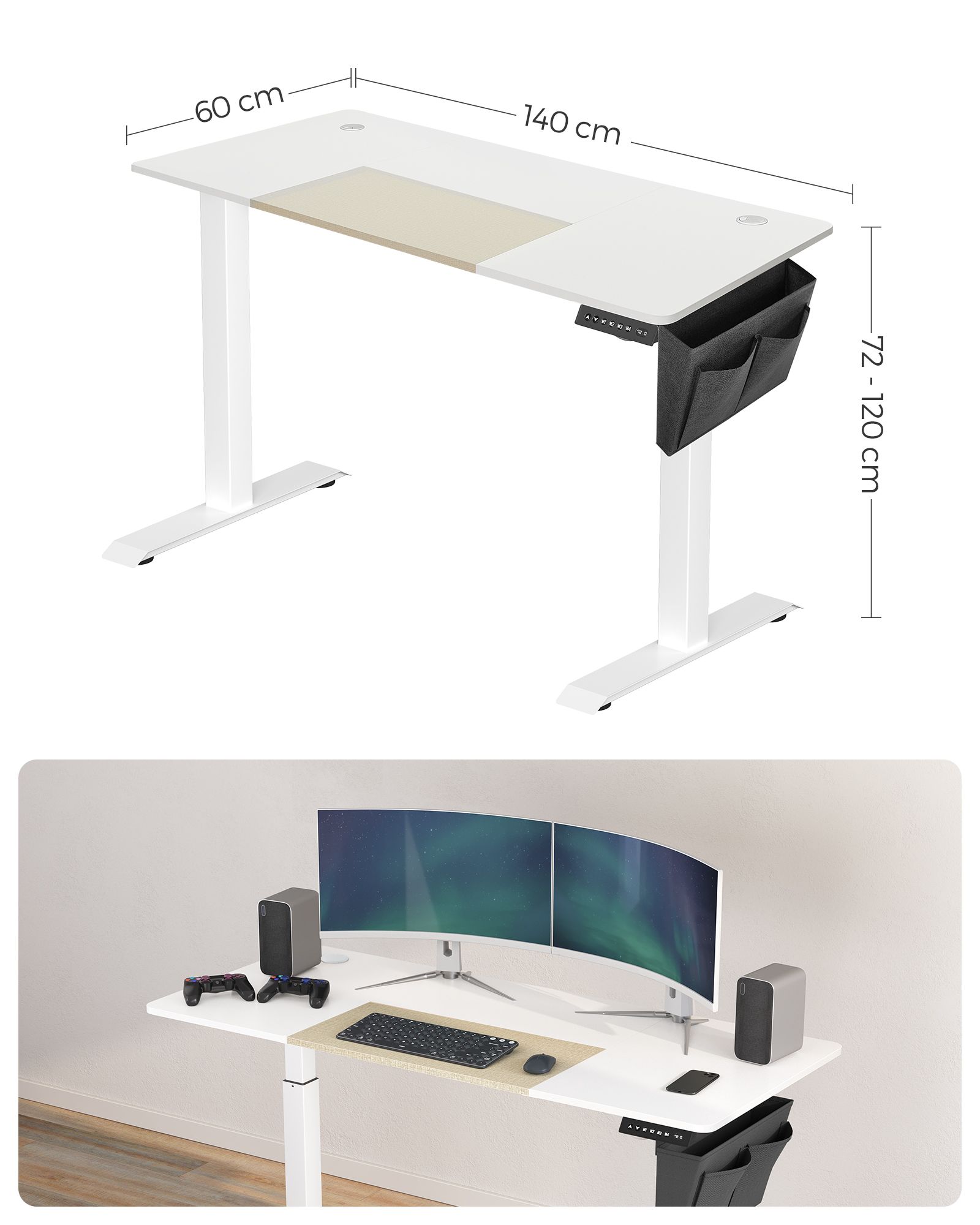 SONGMICS Polohovací stôl elektrický 140 x 60 cm bielo-béžový – Obrázok 7