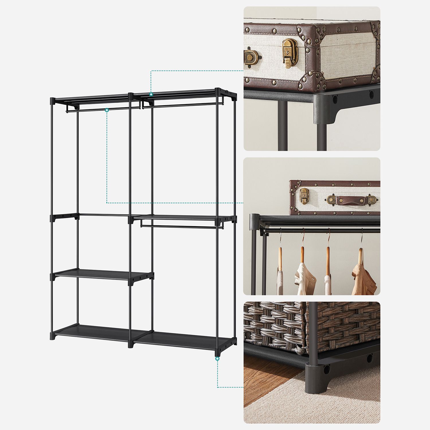 SONGMICS Otvorená šatníková skriňa 138 x 182 x 43 cm čierna – Obrázok 2
