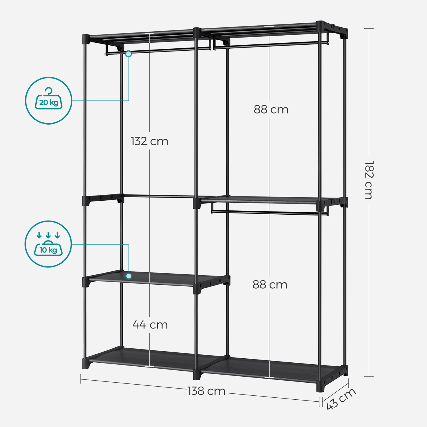 SONGMICS Otvorená šatníková skriňa 138 x 182 x 43 cm čierna – Obrázok 5