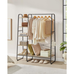 VASAGLE Kovový vešiak na oblečenie s 5+1 policami čierny modrý dub