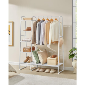 VASAGLE Kovový vešiak na oblečenie s policami 5+1 biely