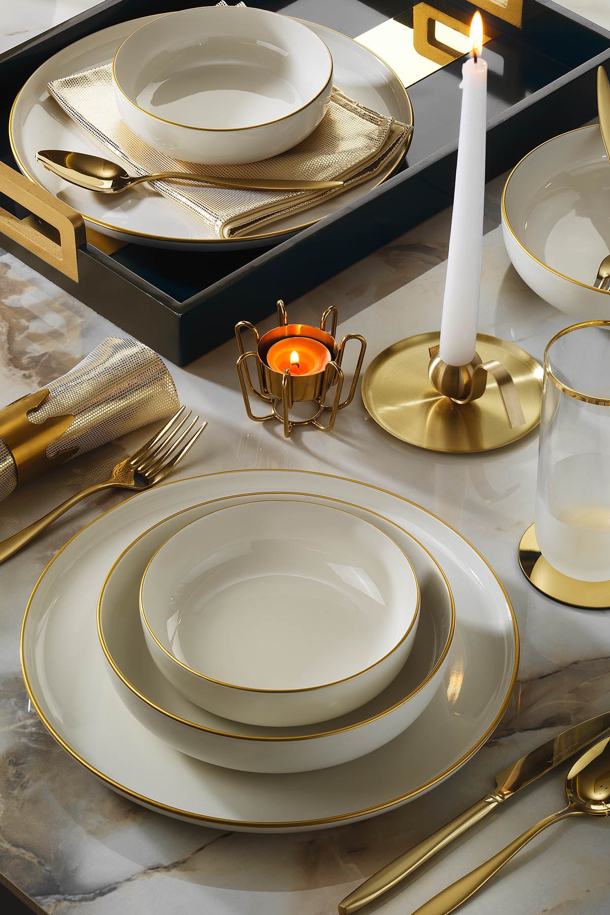 ASIR Porcelánová jedálenská súprava (18 ks) krémová a zlatá – Obrázok 2