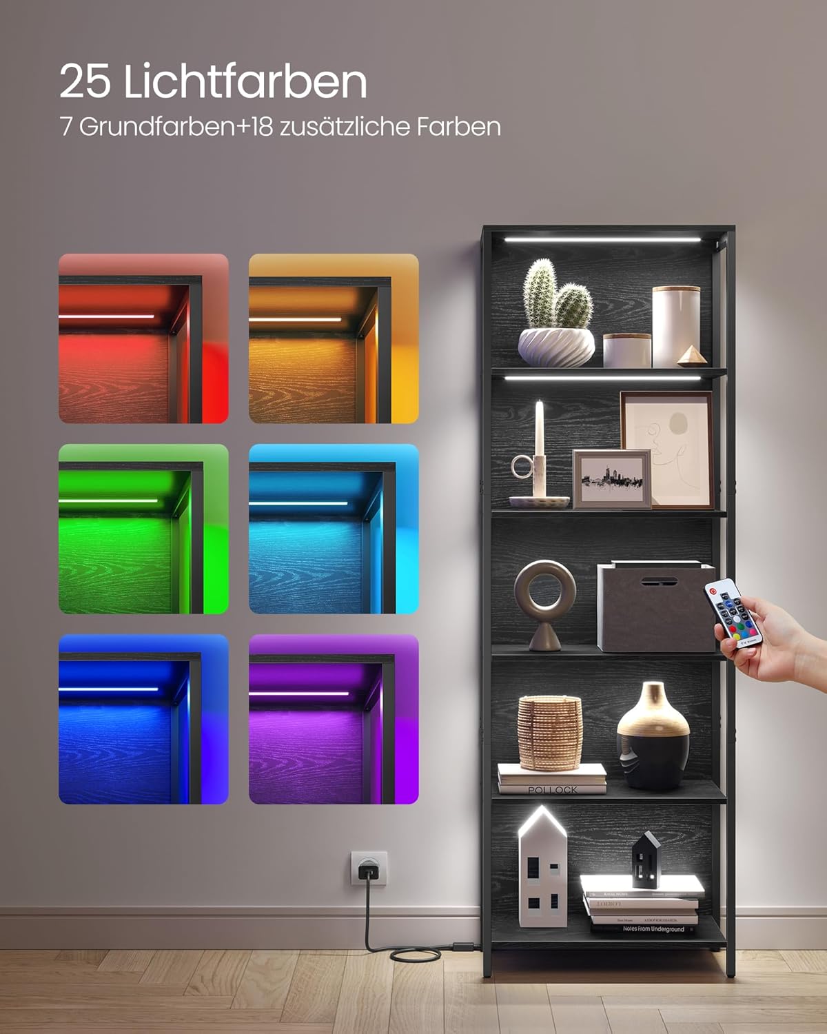 VASAGLE Regál s LED osvetlením políc 60 x 179 x 30 cm čierny – Obrázok 2