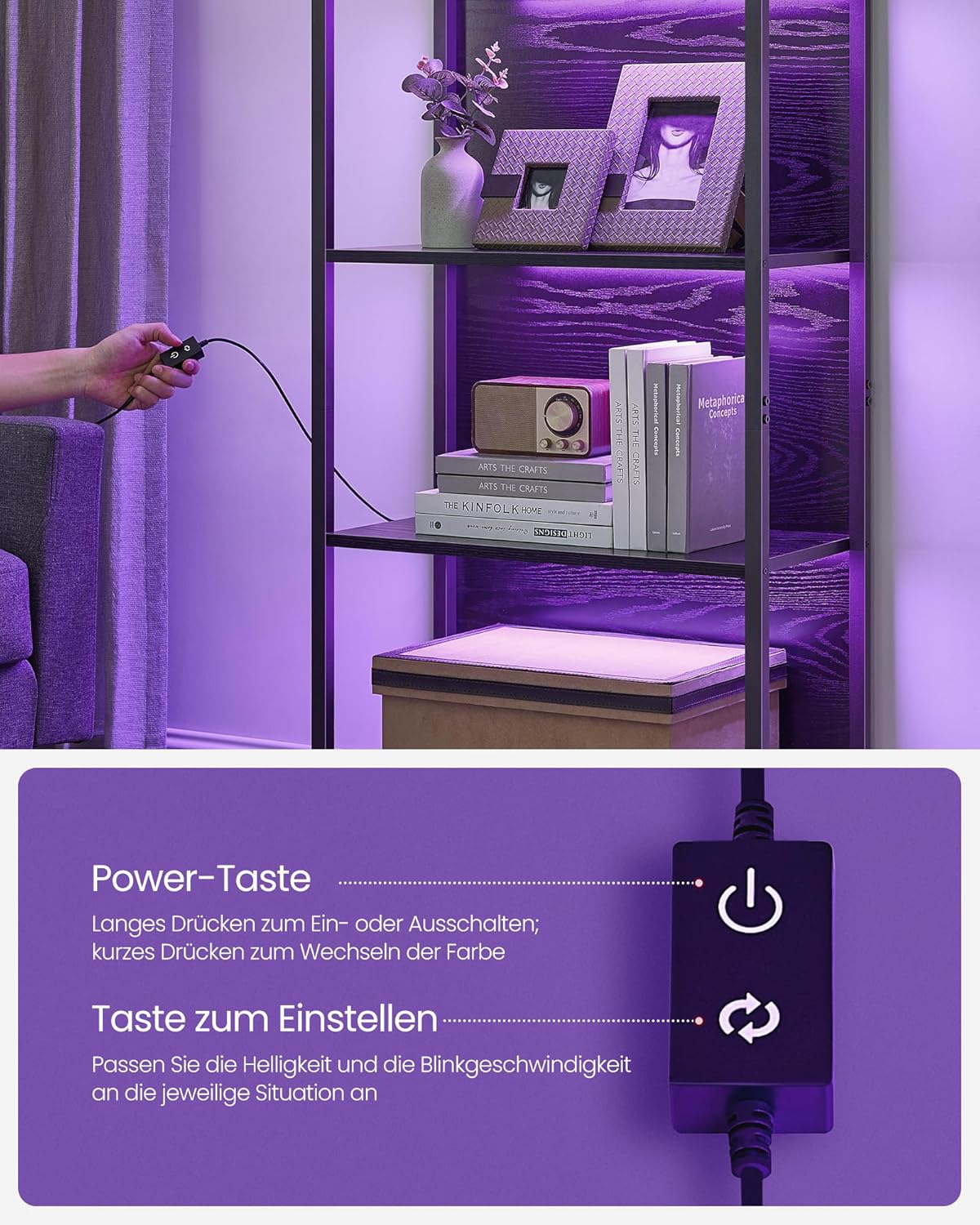 VASAGLE Regál s LED osvetlením políc 60 x 179 x 30 cm čierny – Obrázok 3