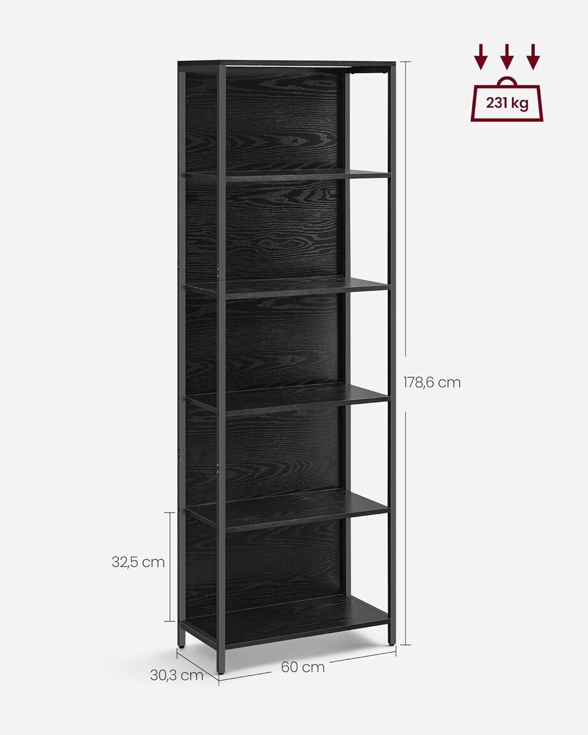 VASAGLE Regál s LED osvetlením políc 60 x 179 x 30 cm čierny – Obrázok 6