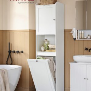 VASAGLE Vysoká kúpeľňová skrinka s výklopným košom na bielizeň biela