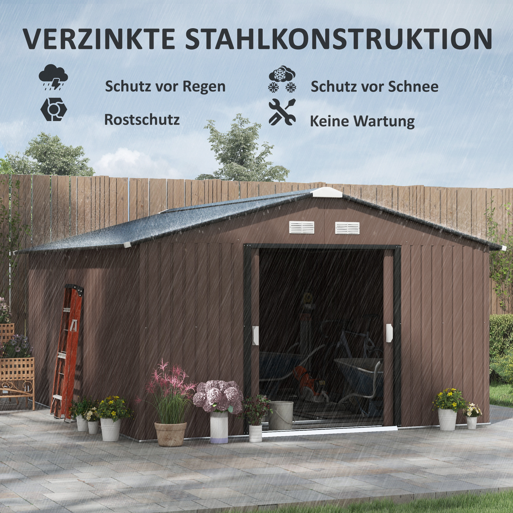 OUTSUNNY Kovový záhradný domček na náradie 340 x 386 x 200 cm hnedý – Obrázok 2