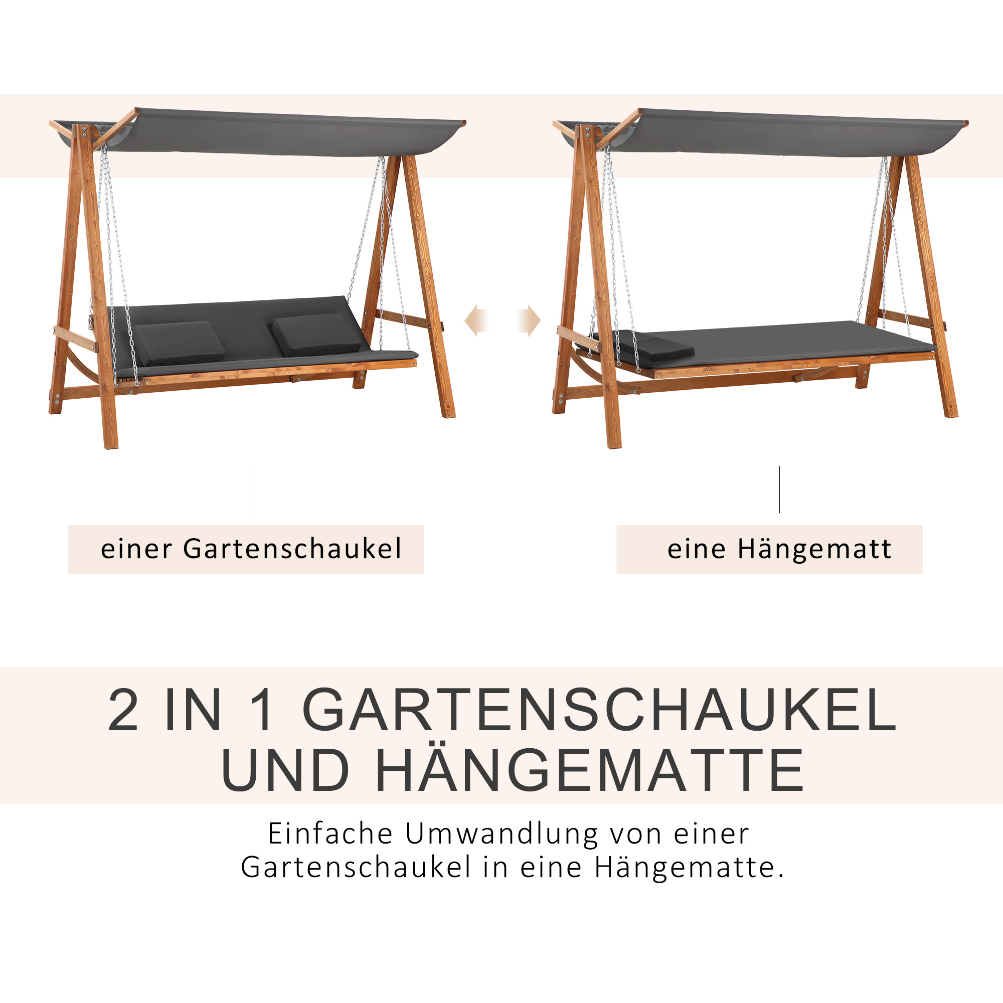 OUTSUNNY Záhradná trojmiestna hojdačka HOLLYWOOD s funkciou lôžka drevená 226 x 180 x 113 cm sivá – Obrázok 3