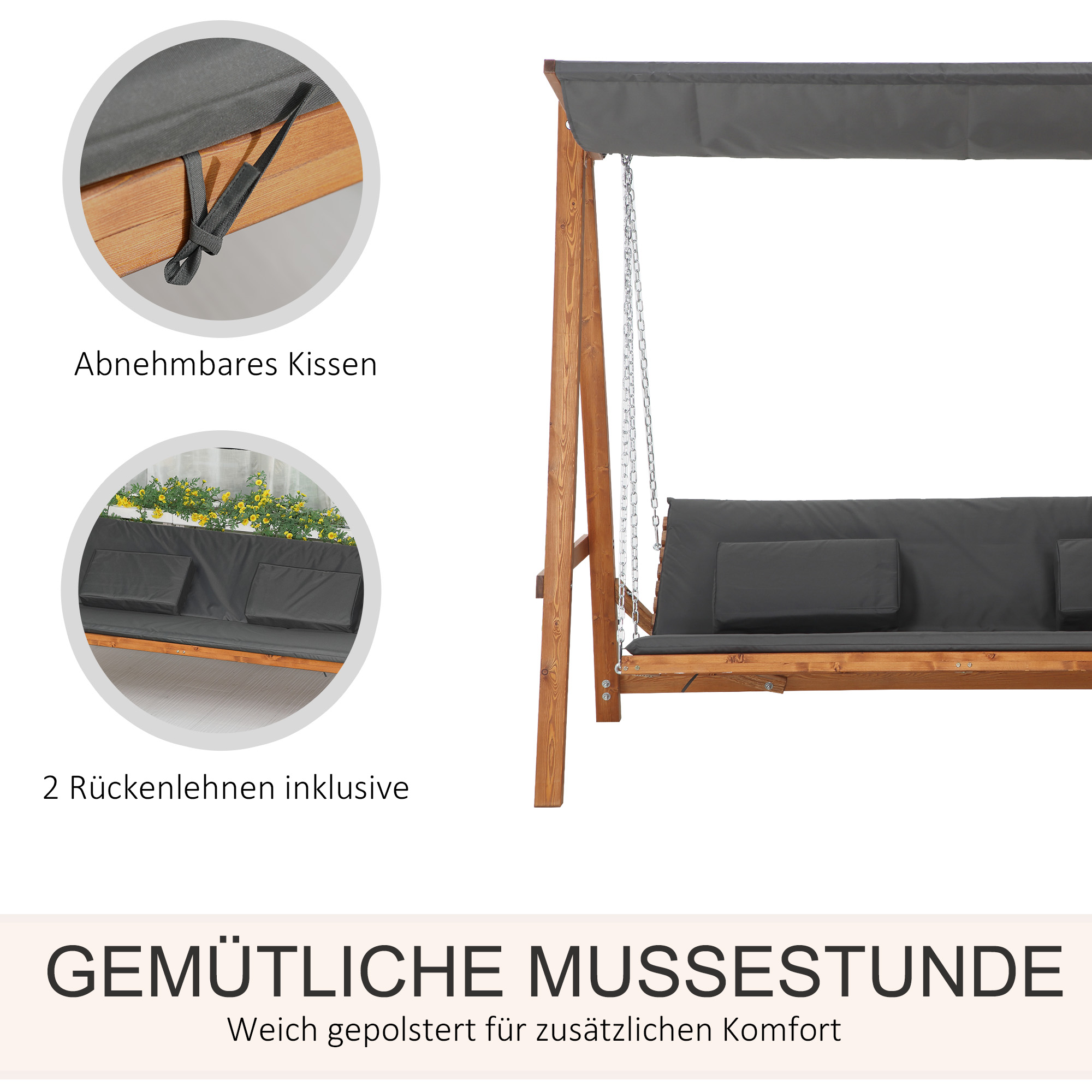 OUTSUNNY Záhradná trojmiestna hojdačka HOLLYWOOD s funkciou lôžka drevená 226 x 180 x 113 cm sivá – Obrázok 4