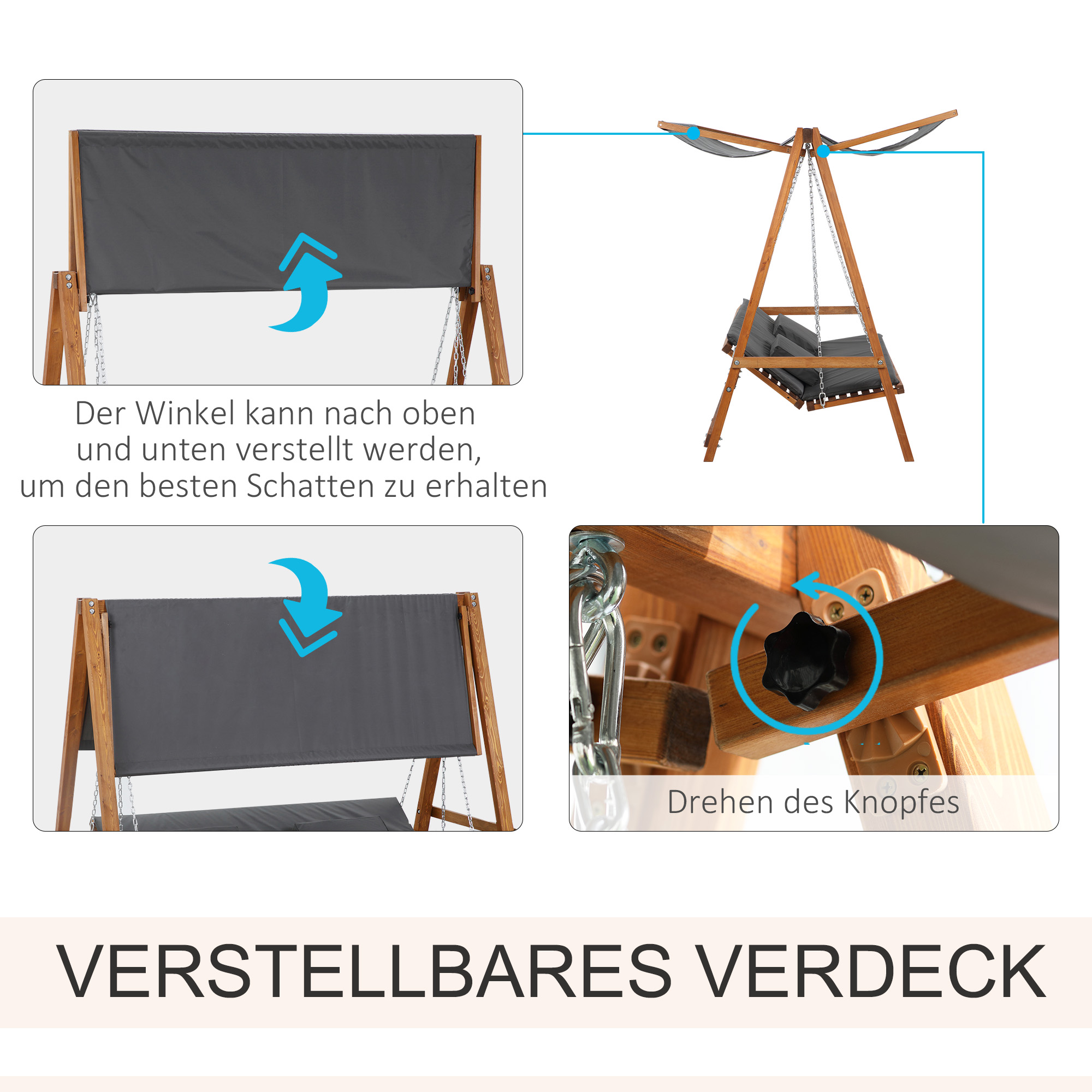 OUTSUNNY Záhradná trojmiestna hojdačka HOLLYWOOD s funkciou lôžka drevená 226 x 180 x 113 cm sivá – Obrázok 6